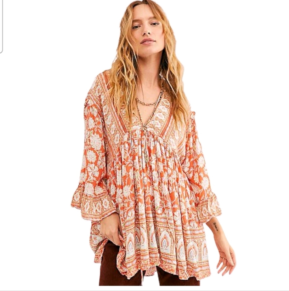 Free People Orange and White Floral Tunic